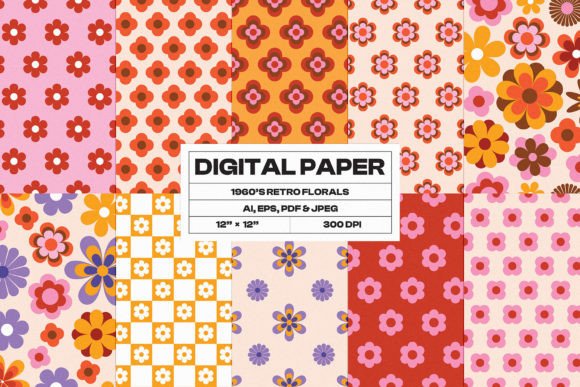 Retro 60s and 70s Floral & Groovy Digital Paper Set: A Creative Bundle for Designers and Enthusiasts